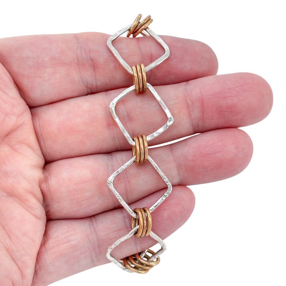 Vintage Sterling Silver 925 Mixed Metal Geometric Link Bracelet 7.5"-8"